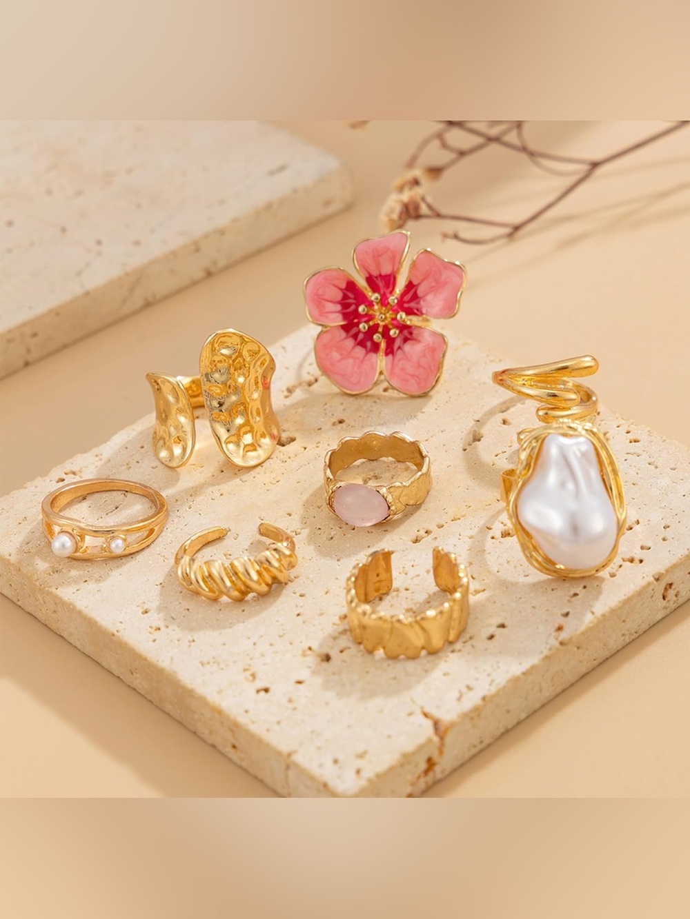 Anthropologie Gold & Pink Flower Statement Stackable Pearl Ring Set - Picture 3 of 5